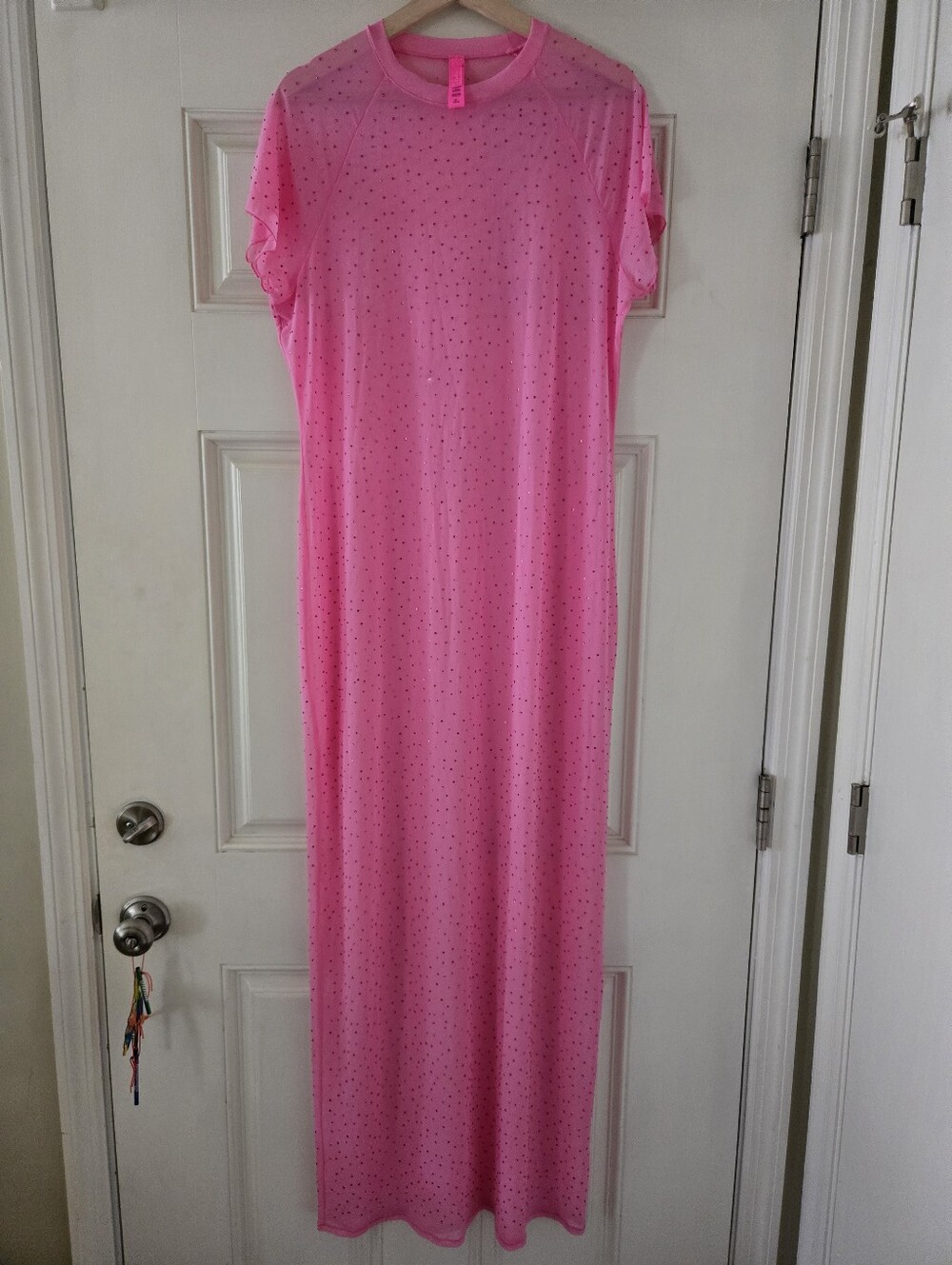 NWOT SKIMS Pink Mesh Rhinestone Short-Sleeve Maxi Dress Size 4X